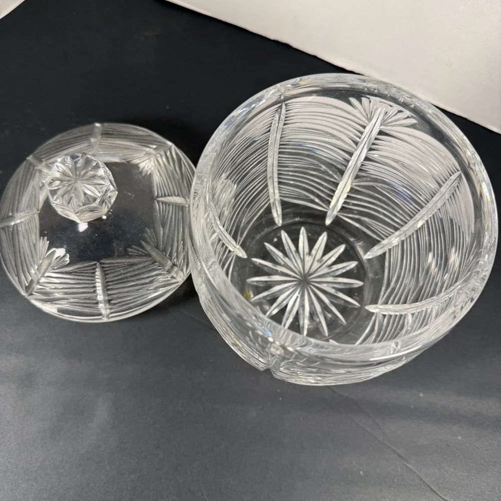 Heavy Cut Lead‎ Crystal Biscuit Jar Lidded Candy Dish Wheat Starburst Pattern